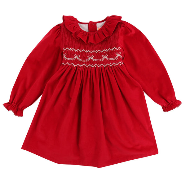 Katherine Johnson Dress Scarlet Needlecord with Tie a Ribbon In It Hand Smocking