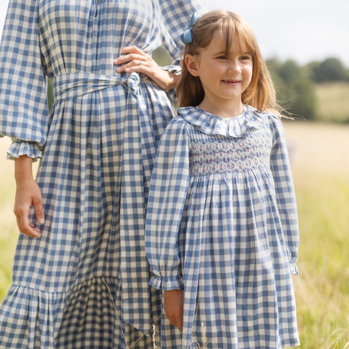 3-4 & 6-8y Katherine Johnson Dress Swedish Blue Herringbone with Pink Sky at Night Hand Smocking