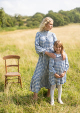 Katherine Johnson Dress Swedish Blue Herringbone with Pink Sky at Night Hand Smocking