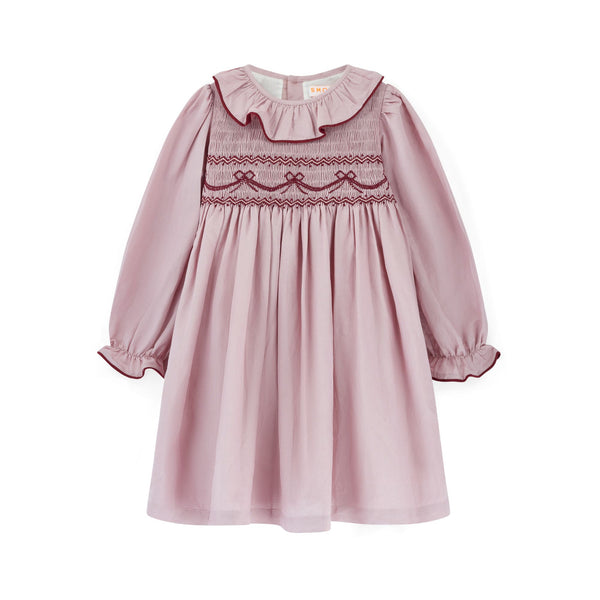 Katherine Johnson Dress Dusty Rose Linen with Mulberry Bow Hand Smocking