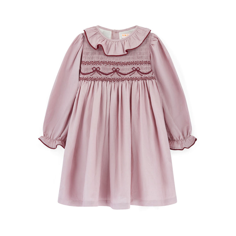 Katherine Johnson Dress Dusty Rose Linen with Mulberry Bow Hand Smocking