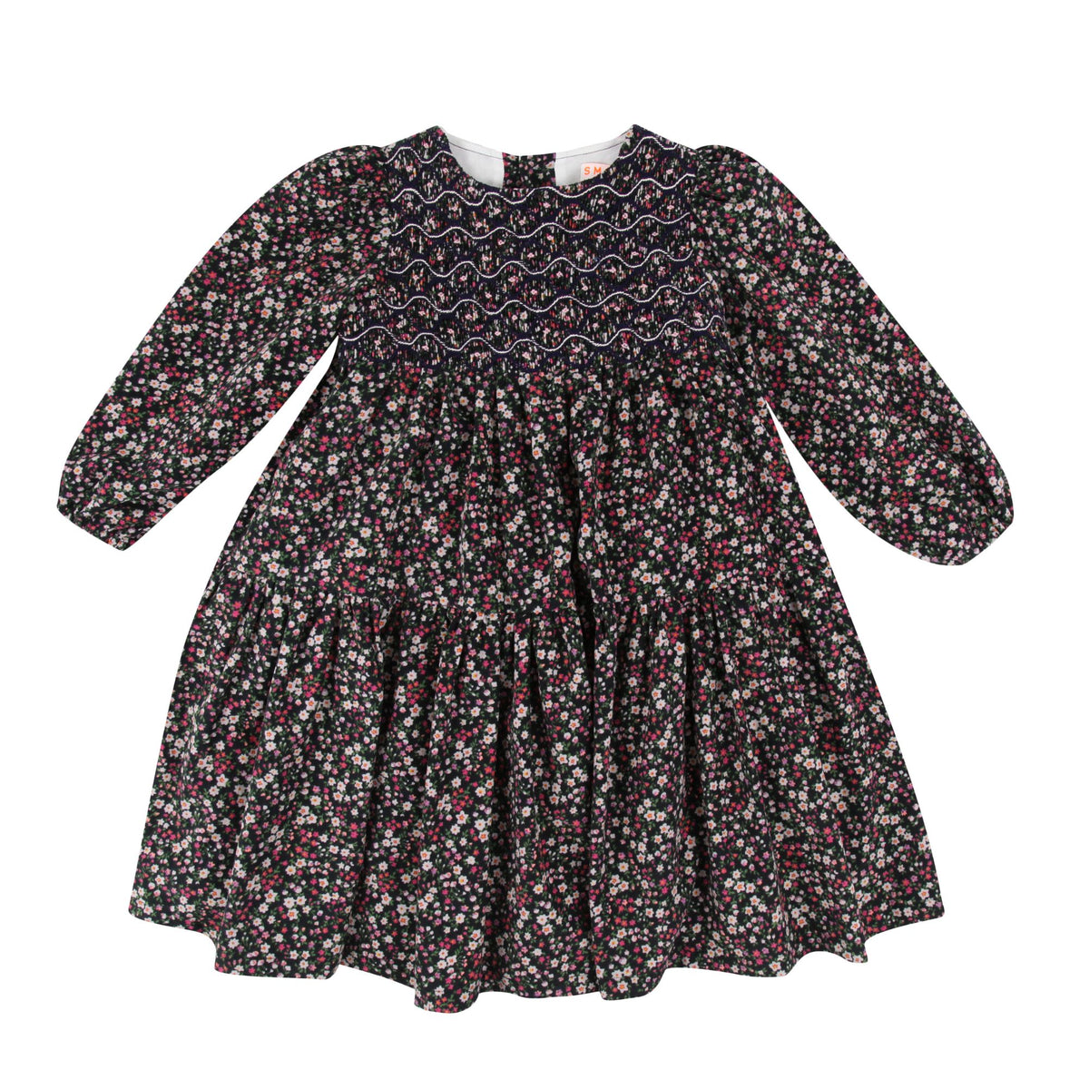 8-10y Margaret Graham Dress Autumn Flowers Needlecord with Liquorice Allsorts Hand Smocking
