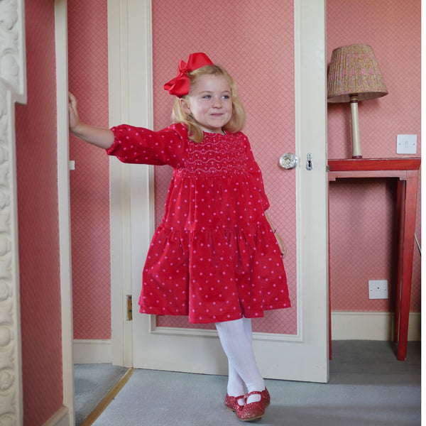 Margaret Graham Dress Letterbox Pop Needlecord with Candy Swirl Hand Smocking
