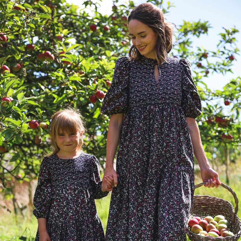 Margaret Graham Women's Dress Autumn Flowers Needlecord with Liquorice Allsorts Hand Smocking