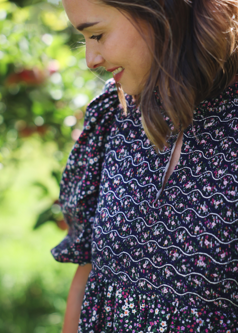 Margaret Graham Women's Dress Autumn Flowers Needlecord with Liquorice Allsorts Hand Smocking