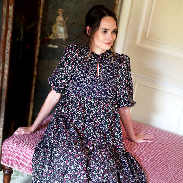 Margaret Graham Women's Dress Autumn Flowers Needlecord with Liquorice Allsorts Hand Smocking