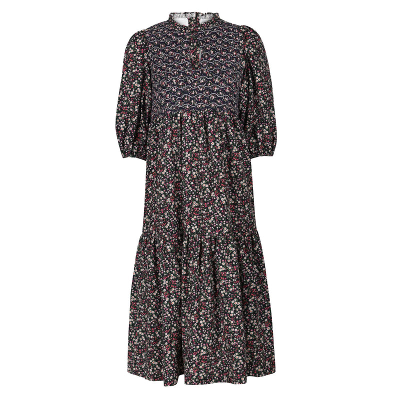 Margaret Graham Women's Dress Autumn Flowers Needlecord with Liquorice Allsorts Hand Smocking