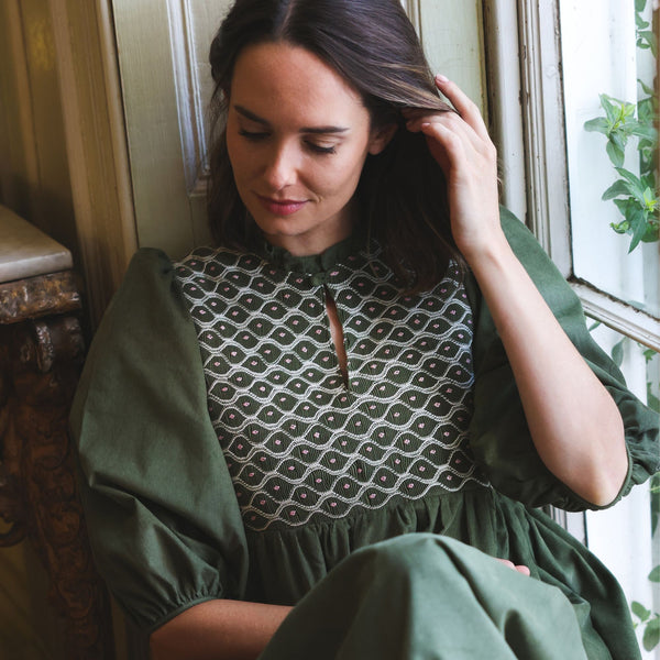 Margaret Graham Women's Dress Moss Green Needlecord with Rose Dust Hand Smocking