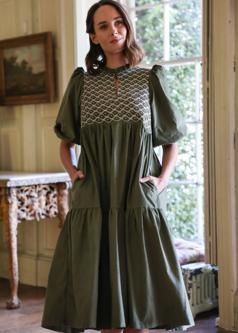 Margaret Graham Women's Dress Moss Green Needlecord with Rose Dust Hand Smocking