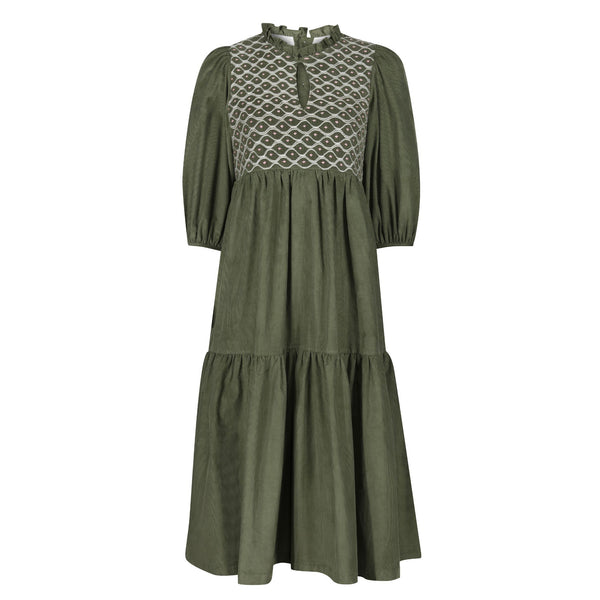 Margaret Graham Women's Dress Moss Green Needlecord with Rose Dust Hand Smocking