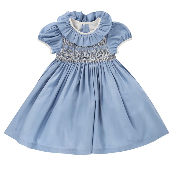Margaret Special Occasion Dress Love in the Mist Cotton Sateen with Gold & Pearl Hand Smocking