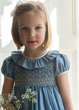 Margaret Special Occasion Dress Love in the Mist Cotton Sateen with Gold & Pearl Hand Smocking