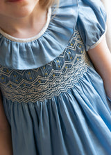 Margaret Special Occasion Dress Love in the Mist Cotton Sateen with Gold & Pearl Hand Smocking