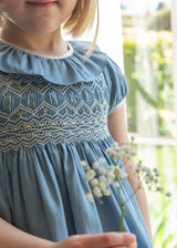 Margaret Special Occasion Dress Love in the Mist Cotton Sateen with Gold & Pearl Hand Smocking