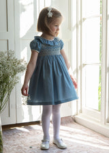 Margaret Special Occasion Dress Love in the Mist Cotton Sateen with Gold & Pearl Hand Smocking