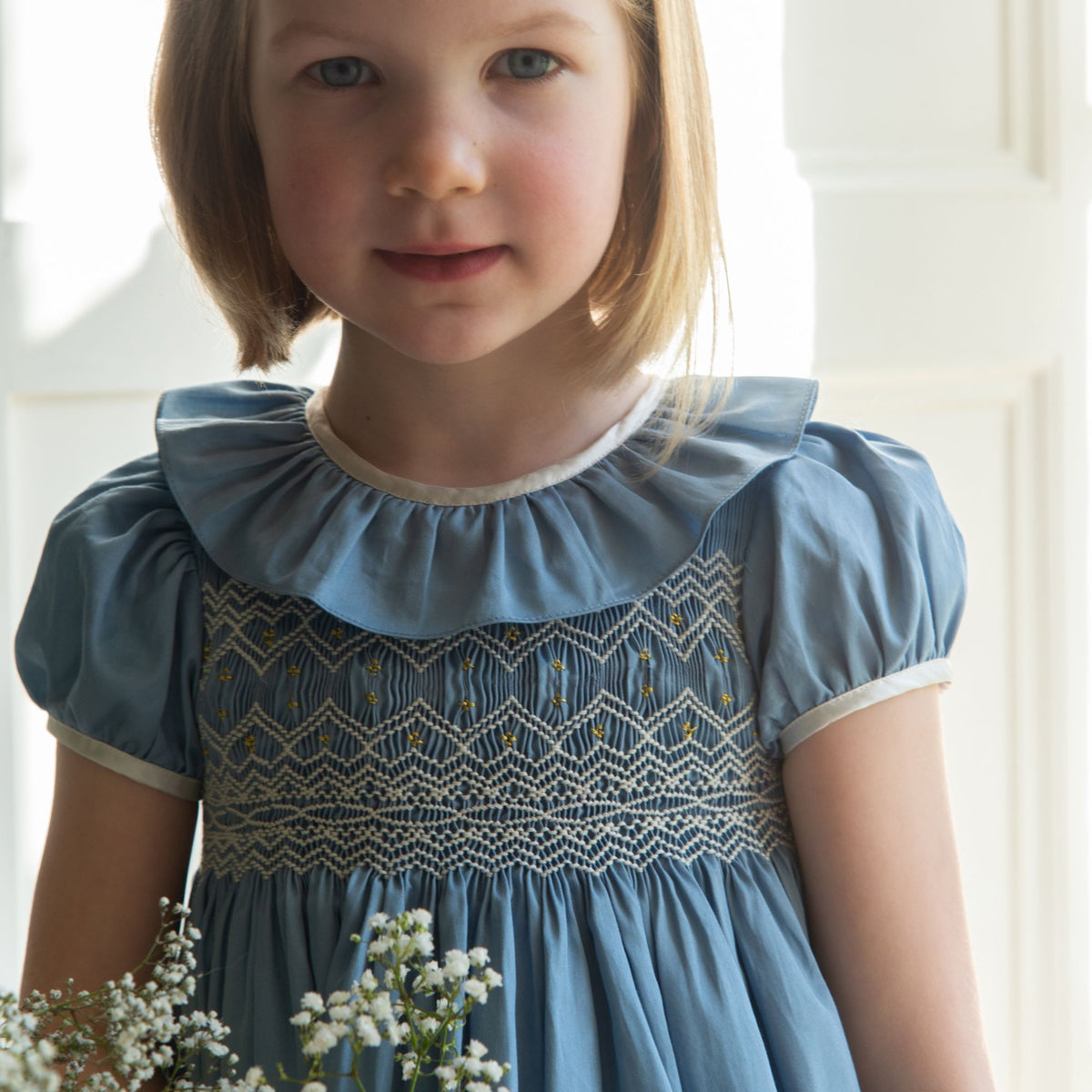 Margaret Special Occasion Dress Love Mist Cotton Sateen & Pearl Hand Smocking