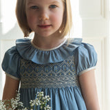 Margaret Special Occasion Dress Love in the Mist Cotton Sateen with Gold & Pearl Hand Smocking