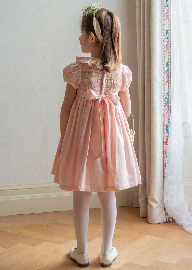 Margaret Special Occasion Dress Seashell Cotton Sateen with Gold & Pearl Hand Smocking