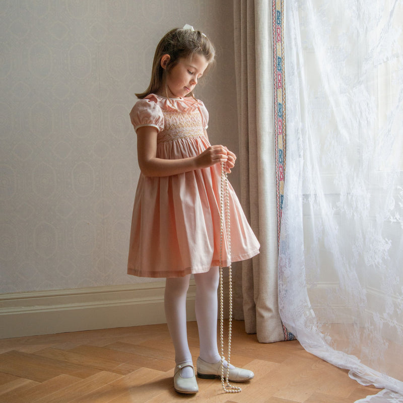 Margaret Special Occasion Dress Seashell Cotton Sateen with Gold & Pearl Hand Smocking