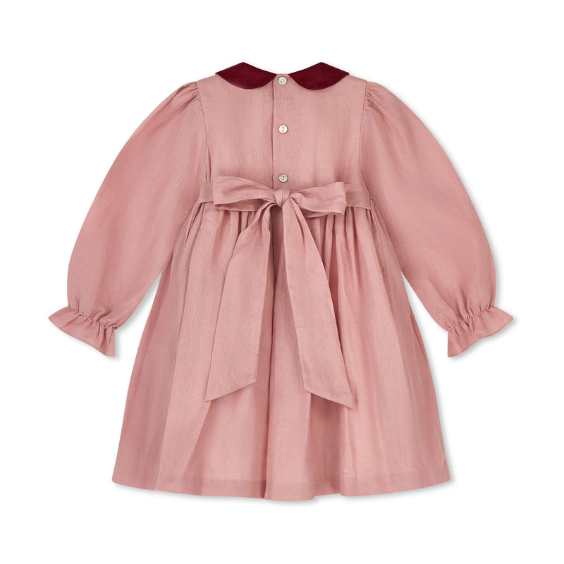 Margaret Thatcher Dress Dusty Rose Linen with Mulberry Hand Smocking