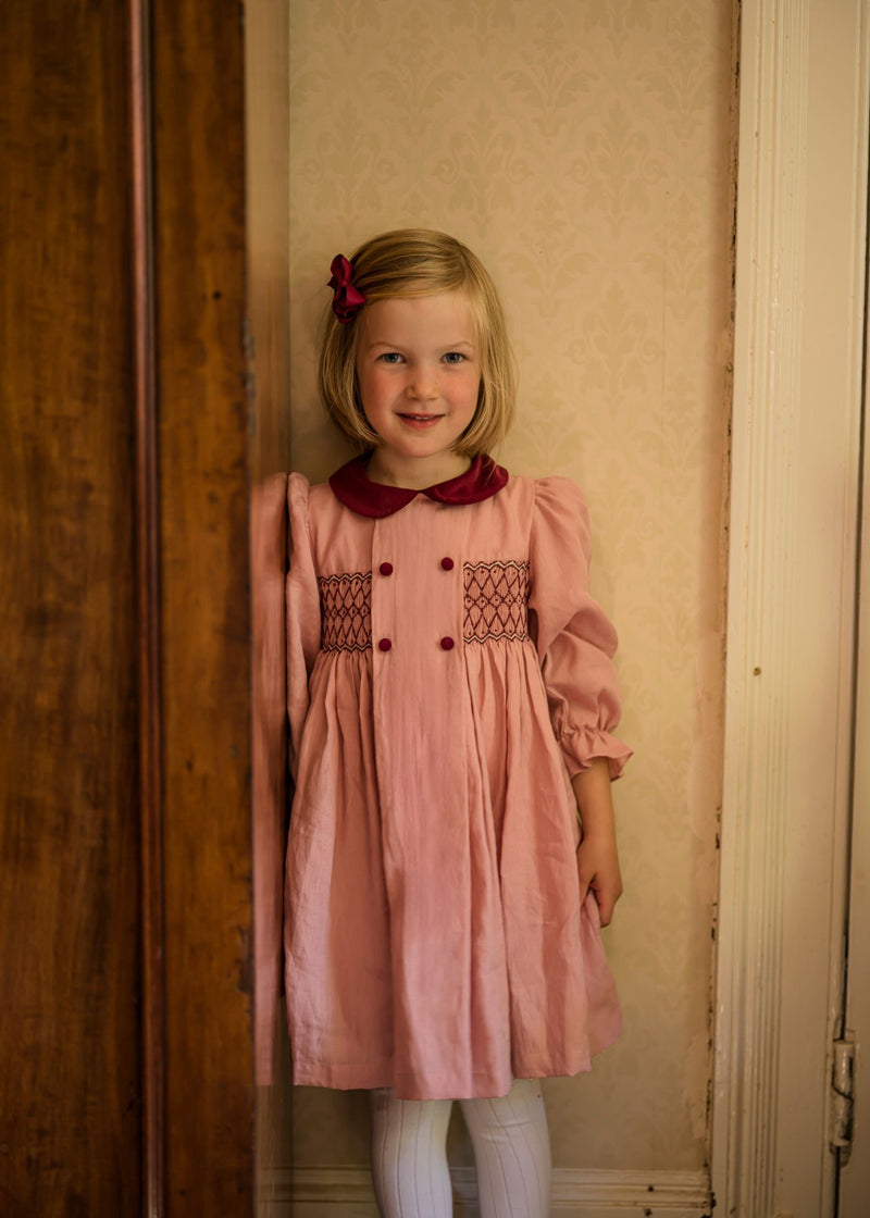 Margaret Thatcher Dress Dusty Rose Linen with Mulberry Hand Smocking