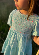 Margaret Graham Dress Kelly Green Seersucker with Cherry Pop Hand Smocking