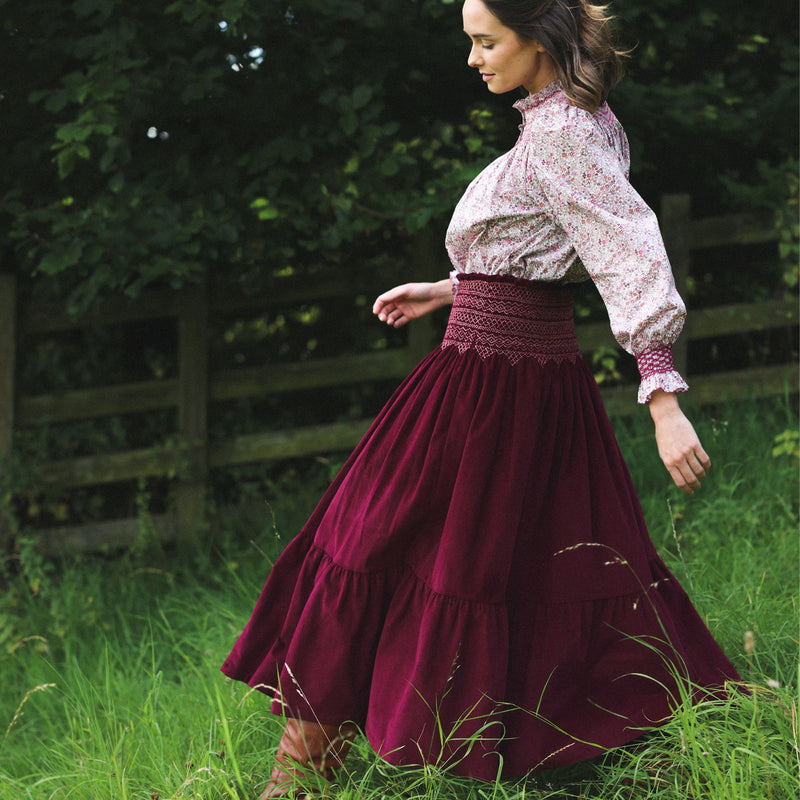 Marie Stopes Women's Skirt Mulberry Needlecord with Kir Royal Hand Smocking