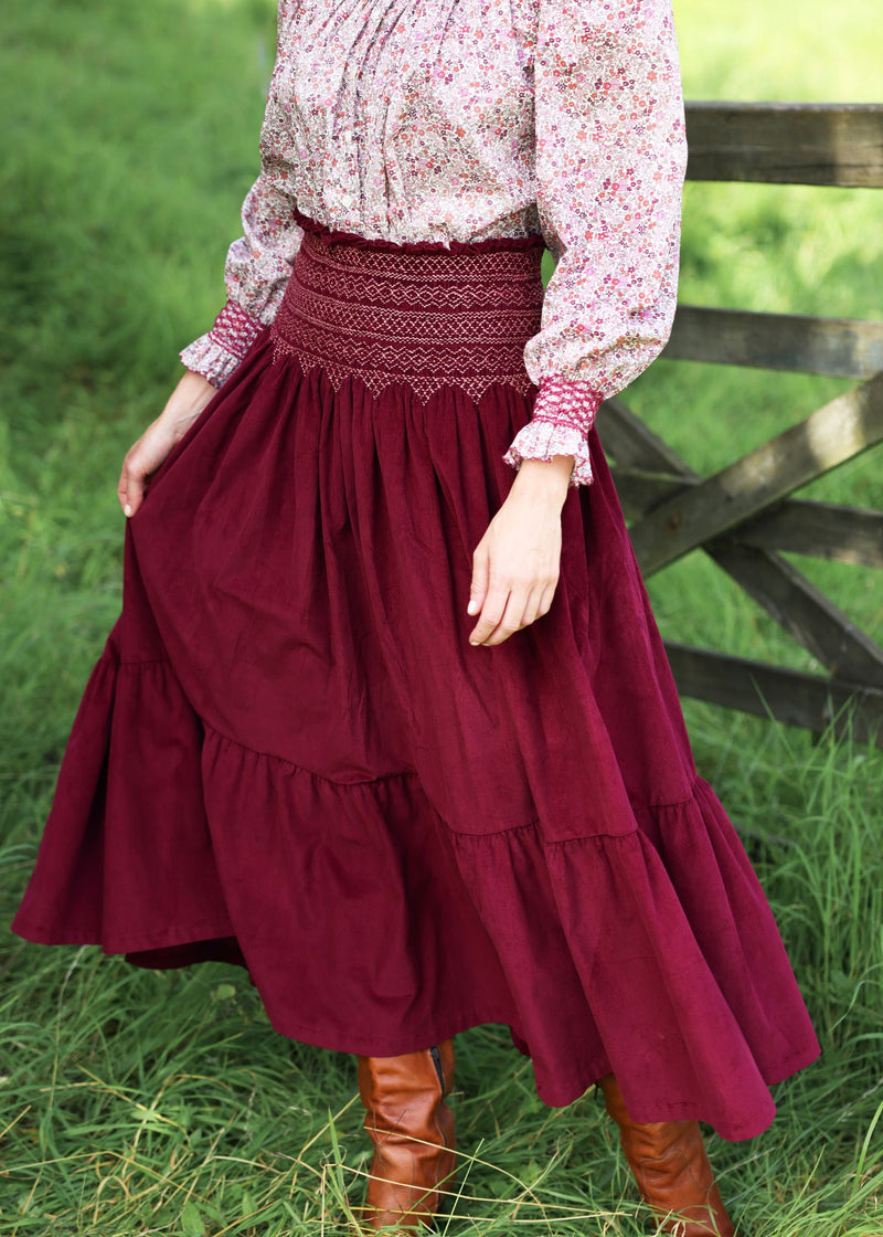 Marie Stopes Women's Skirt Mulberry Needlecord with Kir Royal Hand Smocking