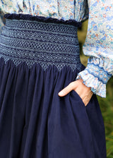 Marie Stopes Women's Skirt Swallowtail Needlecord with Swedish Blue Hand Smocking