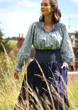 Marie Stopes Women's Skirt Swallowtail Needlecord with Swedish Blue Hand Smocking