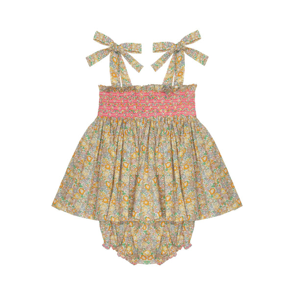 Maya Blouse and Bloomer Set with Pomelo Paradise Hand Smocking made with Liberty Michelle Yellow