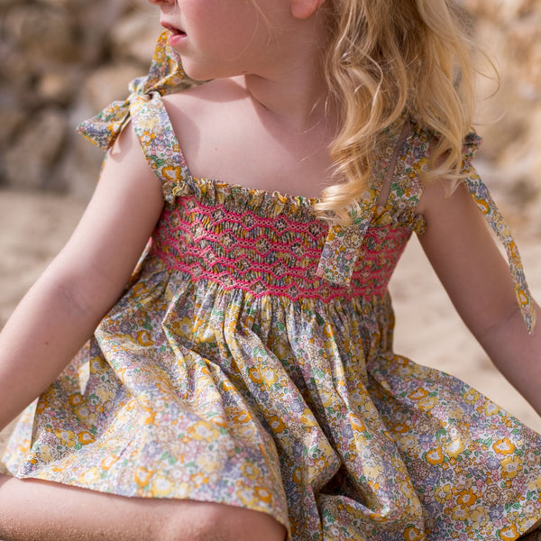 Maya Blouse and Bloomer Set with Pomelo Paradise Hand Smocking made with Liberty Michelle Yellow