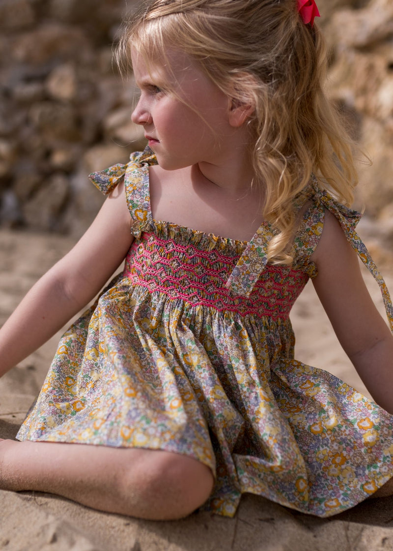 1-2 & 2-3y Maya Blouse and Bloomer Set with Pomelo Paradise Hand Smocking made with Liberty Michelle Yellow