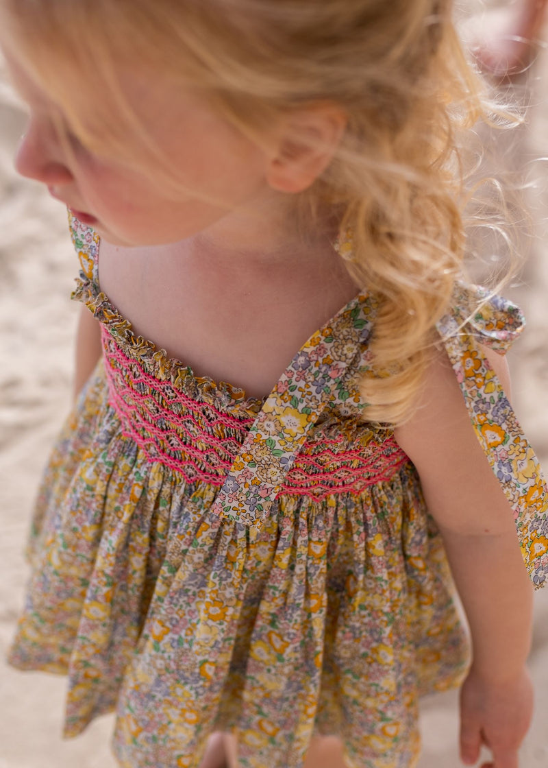 1-2 & 2-3y Maya Blouse and Bloomer Set with Pomelo Paradise Hand Smocking made with Liberty Michelle Yellow