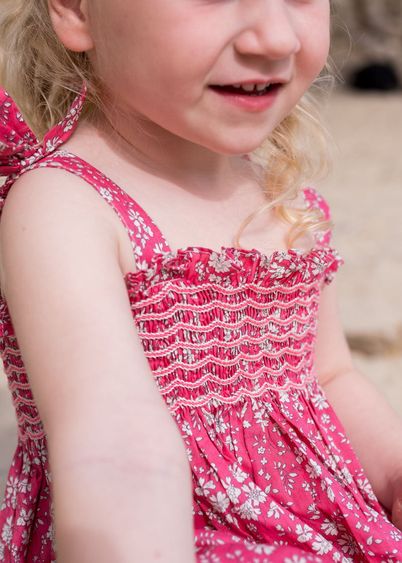 Maya Bubble Romper with Candyfloss Sprinkles Hand Smocking made with Liberty Capel Fabric