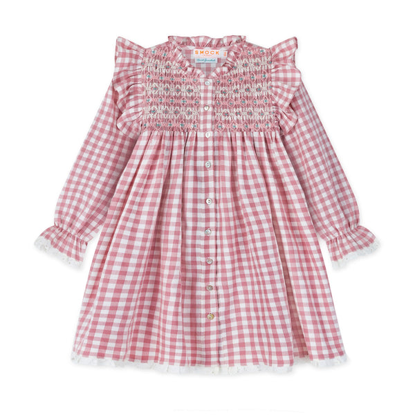 3-4 & 6-8y Mirabai Dress Copper Beech Gingham with Autumn Leaves Hand Smocking