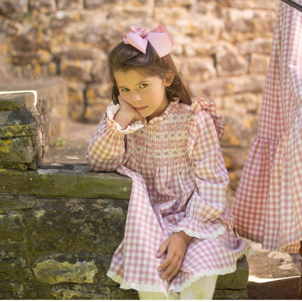 3-4 & 6-8y Mirabai Dress Copper Beech Gingham with Autumn Leaves Hand Smocking