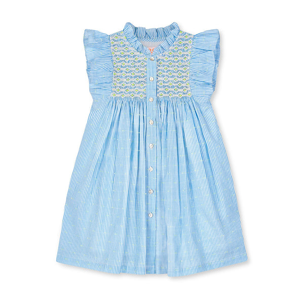 Mirabai Dress Lemon Spot Stripe with Lemon Soda Hand Smocking
