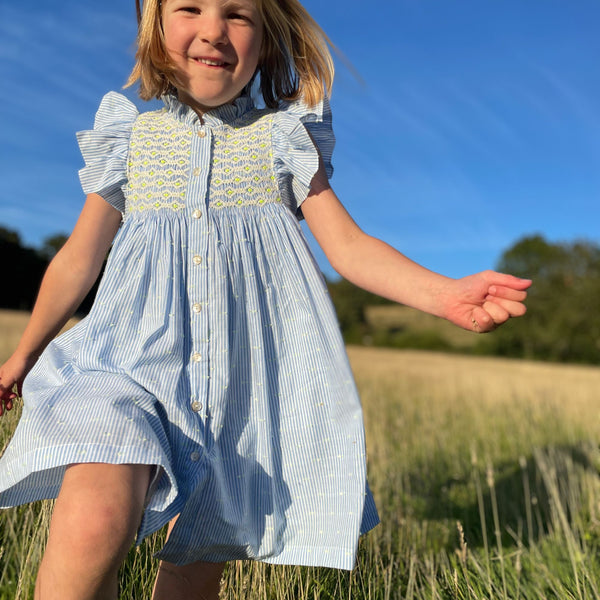 Mirabai Dress Lemon Spot Stripe with Lemon Soda Hand Smocking