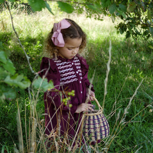 Mirabai Dress Mulberry Needlecord with Heather Haze Hand Smocking