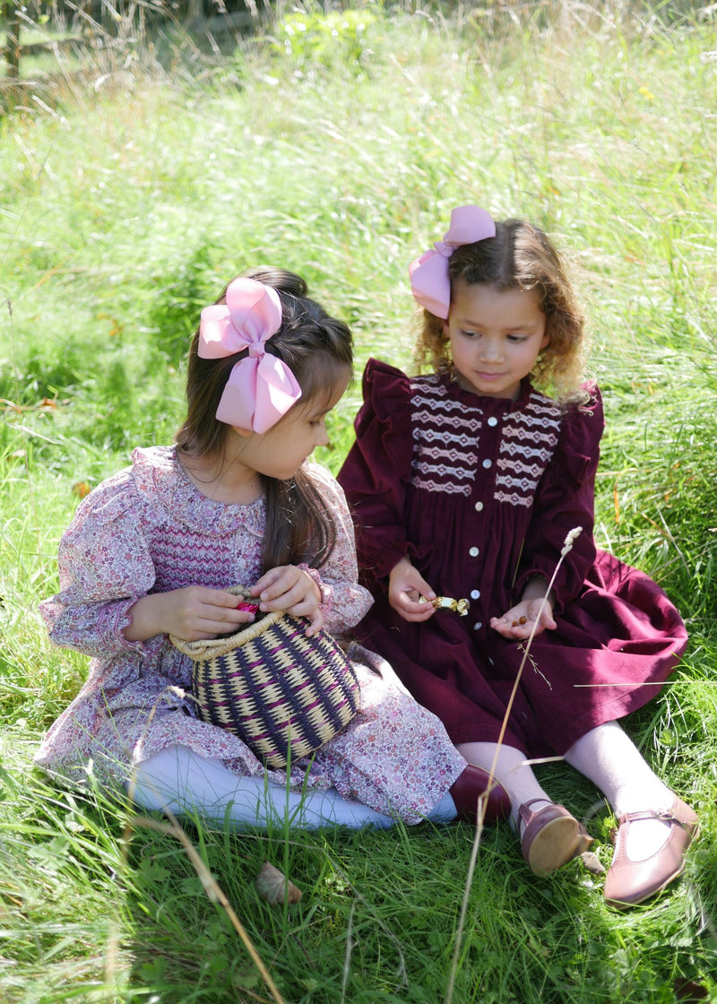 Mirabai Dress Mulberry Needlecord with Heather Haze Hand Smocking