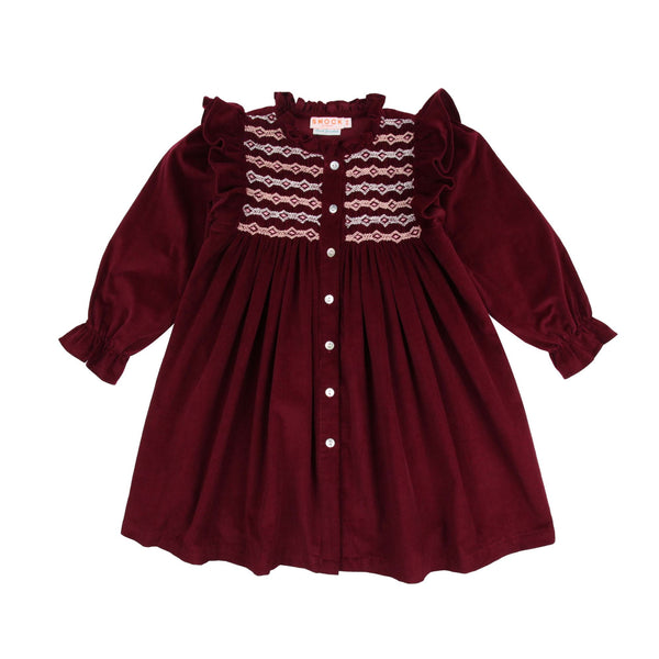 Mirabai Dress Mulberry Needlecord with Heather Haze Hand Smocking