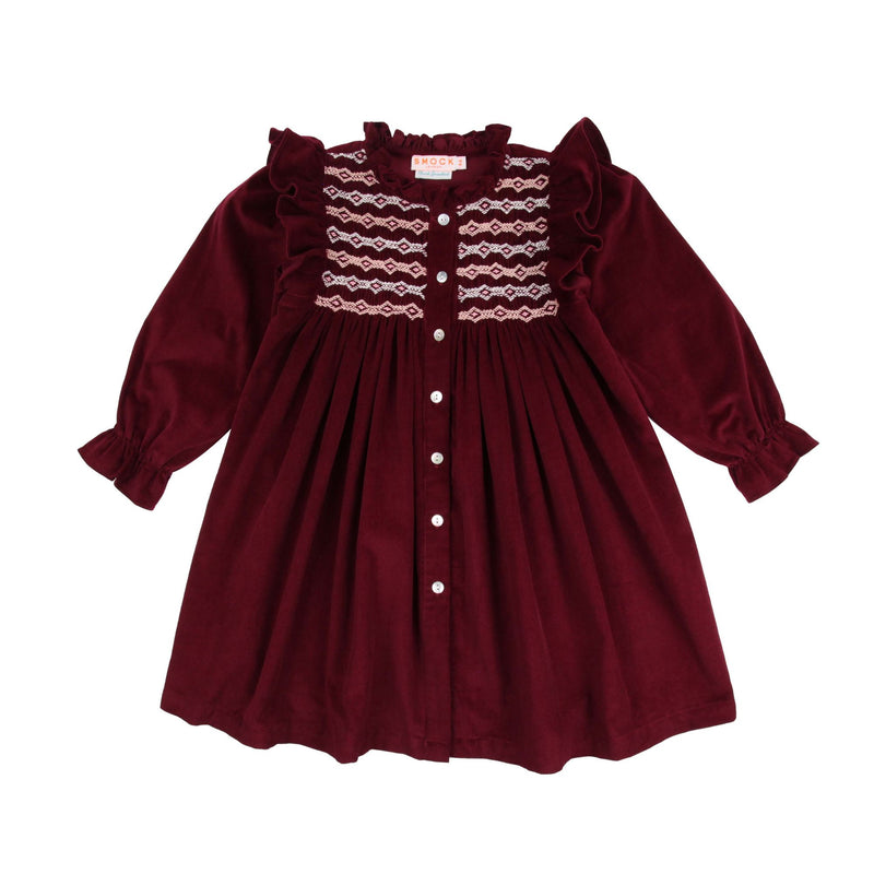 Mirabai Dress Mulberry Needlecord with Heather Haze Hand Smocking