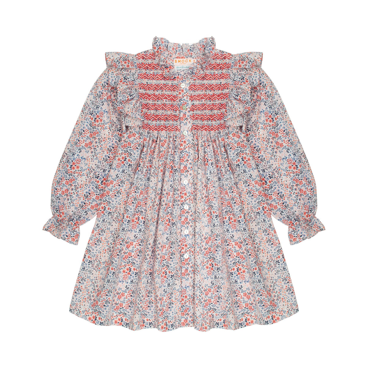 3-4 & 6-8y Mirabai Dress Petunia Floral with Rose White and Rose Red Hand Smocking