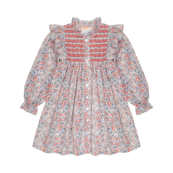 Mirabai Dress Petunia Floral with Rose White and Rose Red Hand Smocking