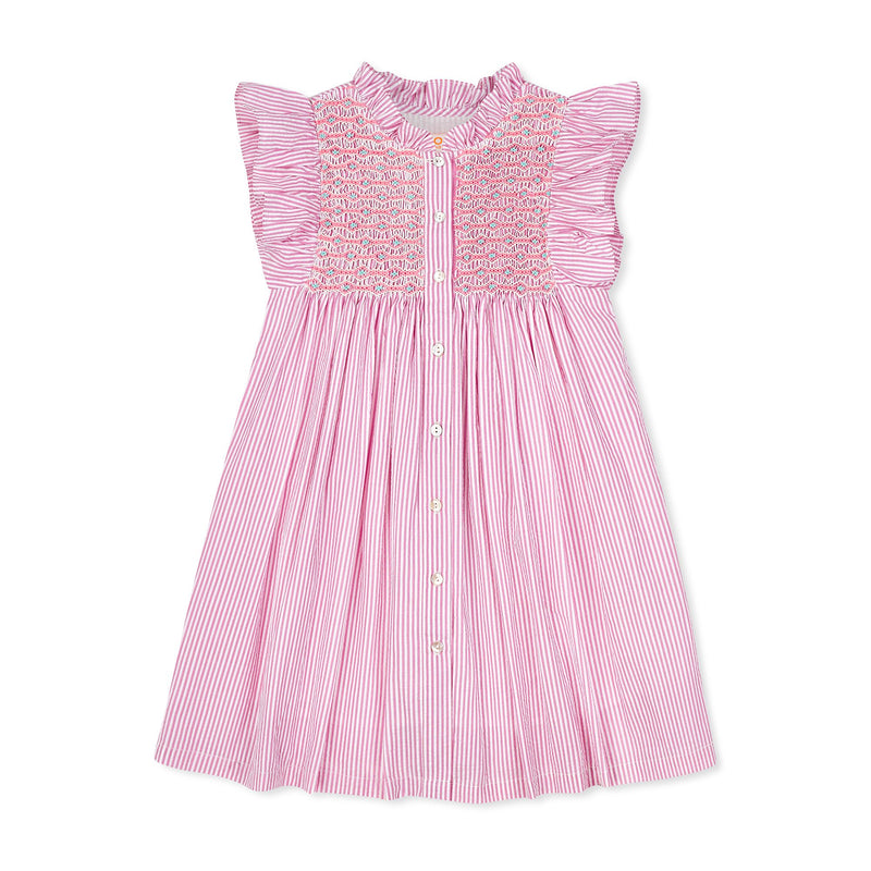 Mirabai Dress Raspberry Stripe Seersucker with Cool-Ade Hand Smocking