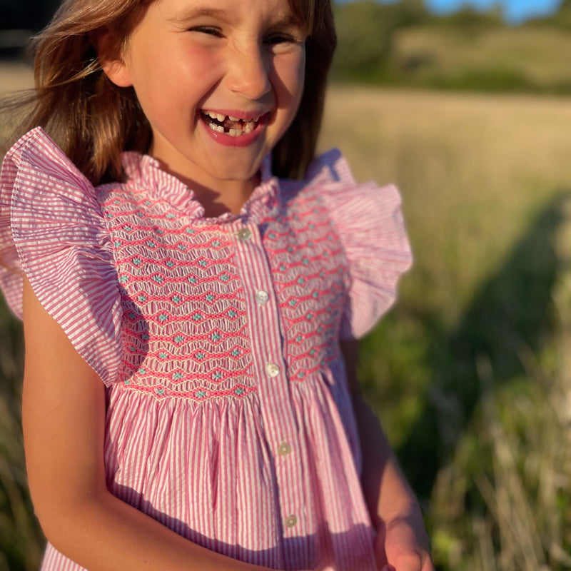 Mirabai Dress Raspberry Stripe Seersucker with Cool-Ade Hand Smocking