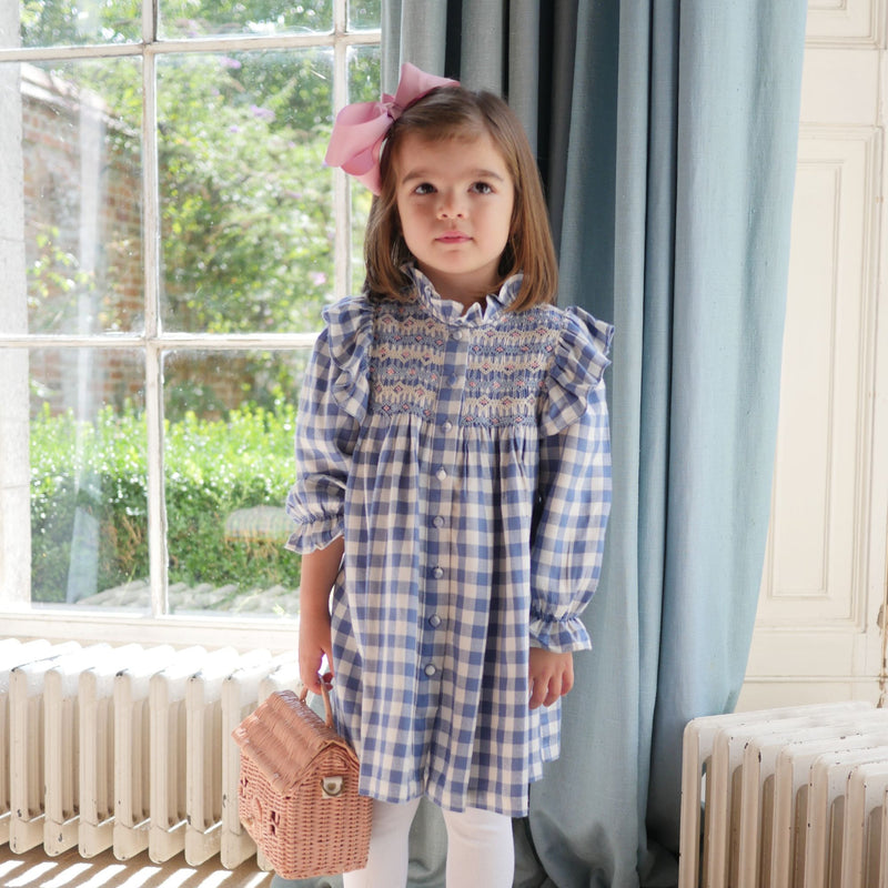 Mirabai Dress Swedish Blue Check with Pink Sky At Night Hand Smocking