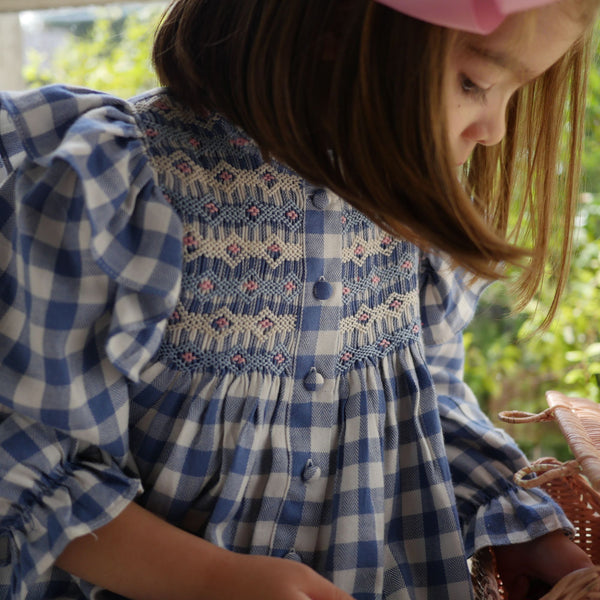Mirabai Dress Swedish Blue Check with Pink Sky At Night Hand Smocking