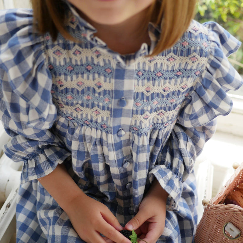 Mirabai Dress Swedish Blue Check with Pink Sky At Night Hand Smocking